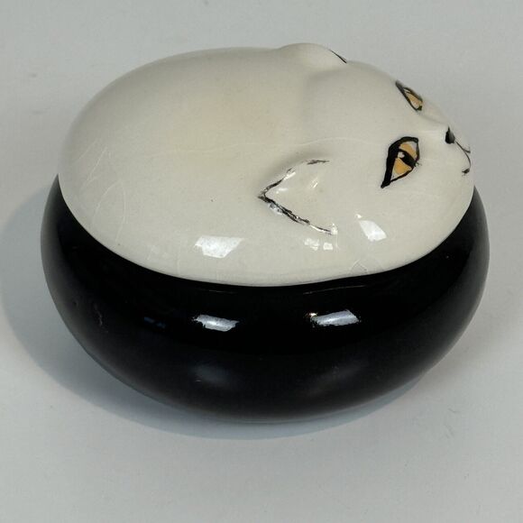 Vintage Black & White Cat Lidded Porcelain Trinket Dish - Picture 4 of 8